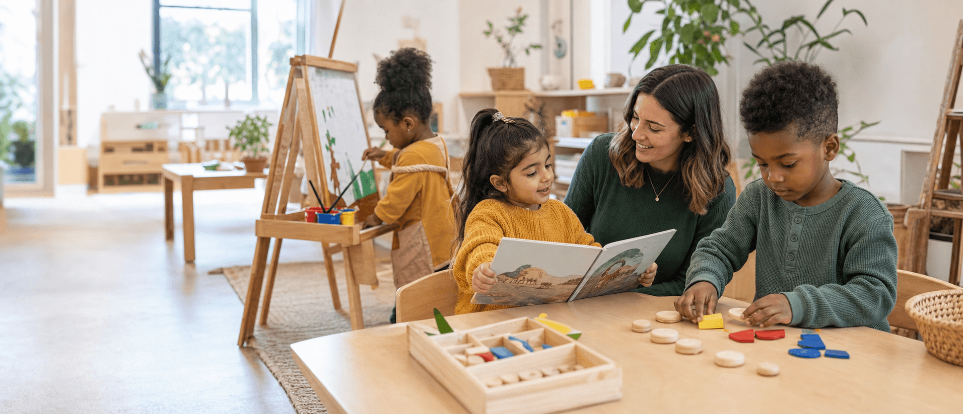 Children reading, painting and exploring shapes with an early-years practitioner