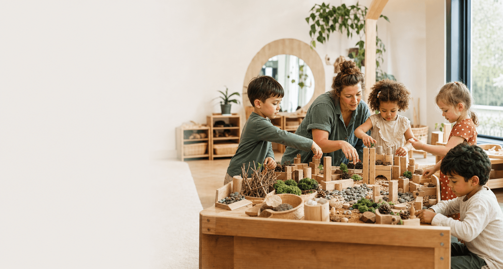 Children and a practitioner building with wooden blocks and natural materials