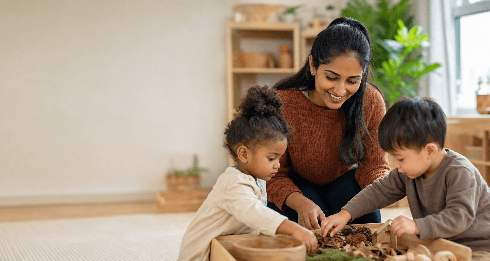 A caring nursery practitioner supporting two children with sensory play