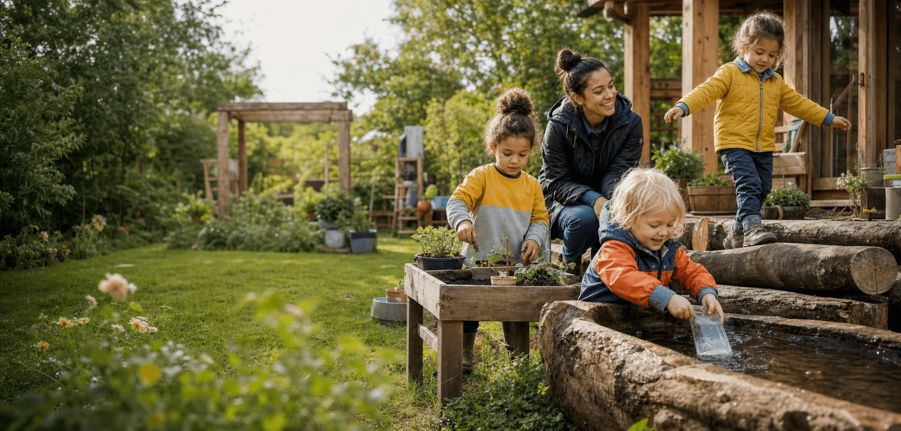 Children planting, playing with water and balancing on logs in a nursery garden