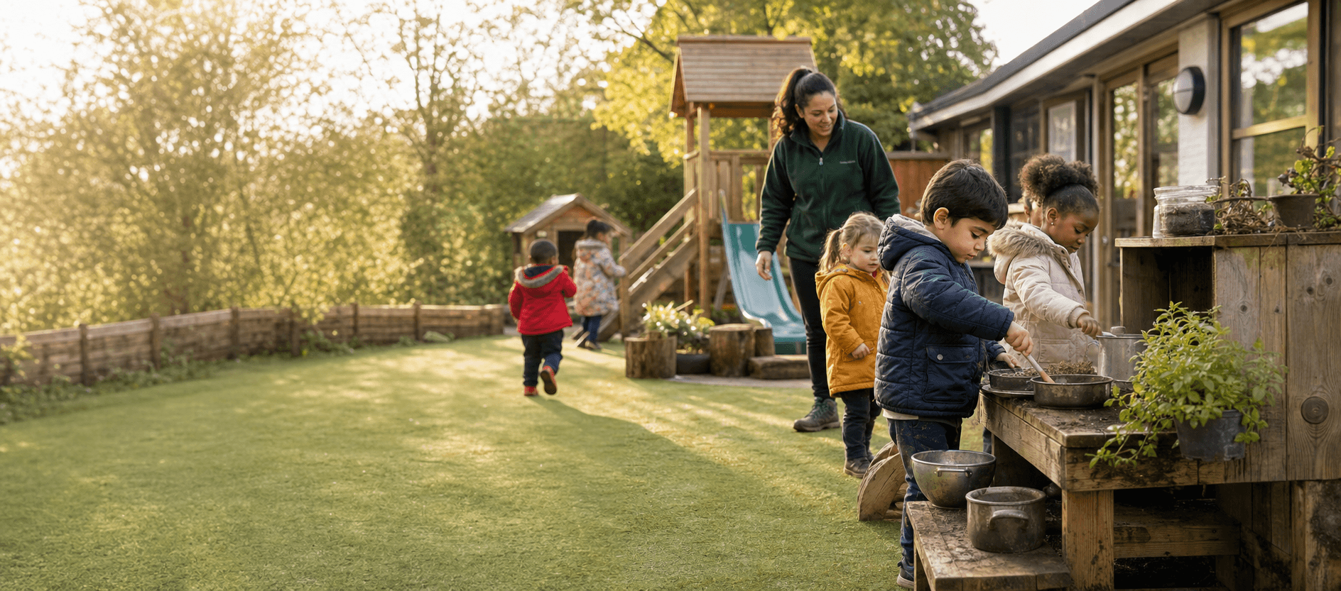 Children exploring a mud kitchen in a sunny nursery garden