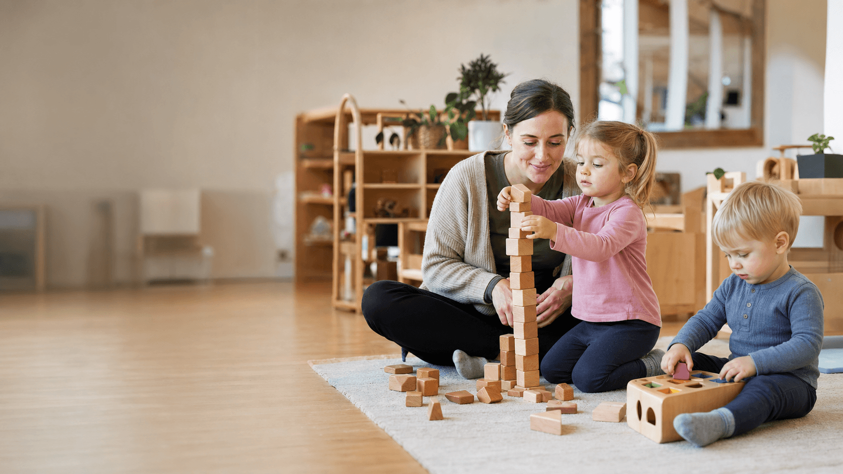 Children exploring construction and shape activities