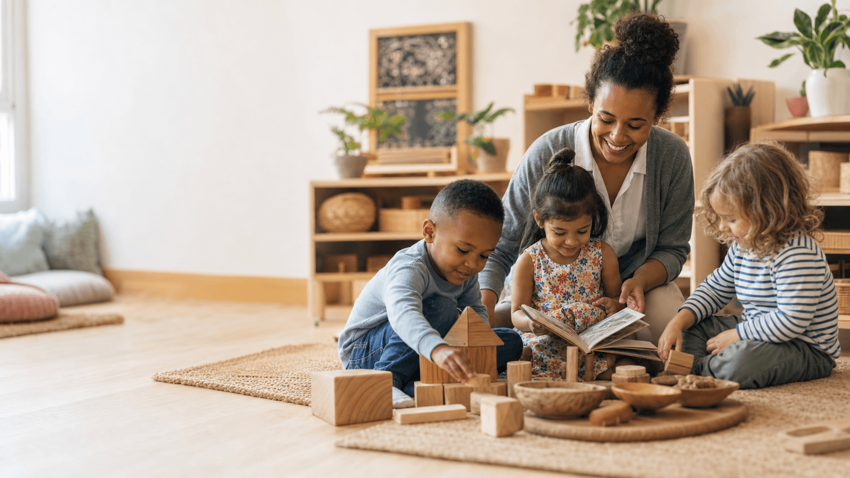 Children learning through play with an early years practitioner