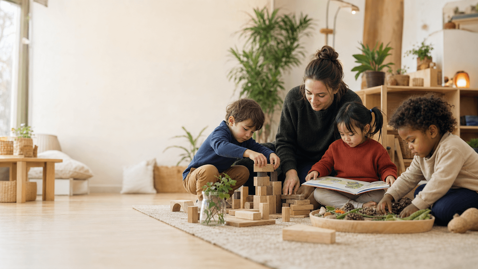 Children learning through purposeful play with an early years practitioner
