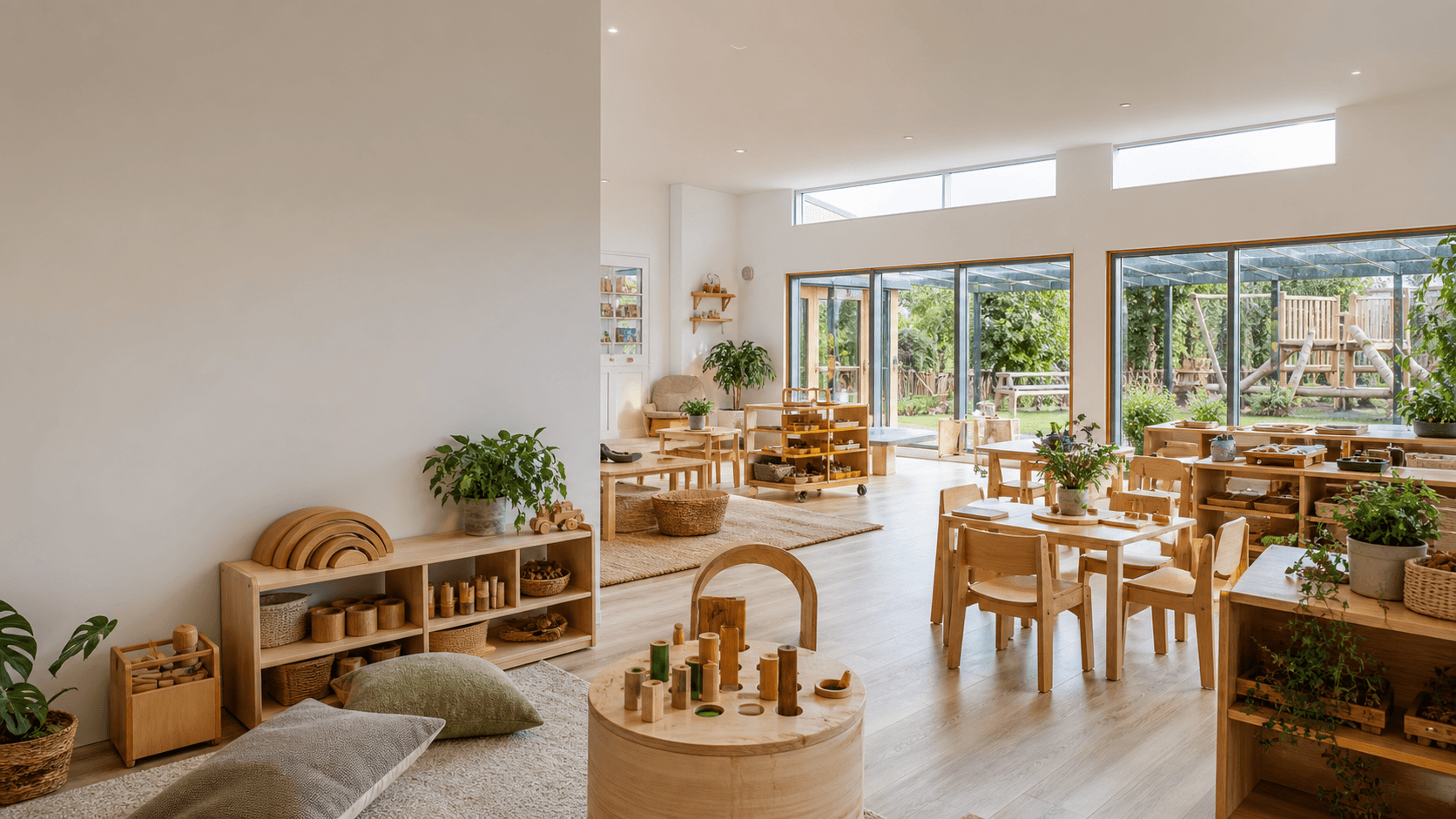 A bright purpose-built nursery classroom with natural play materials