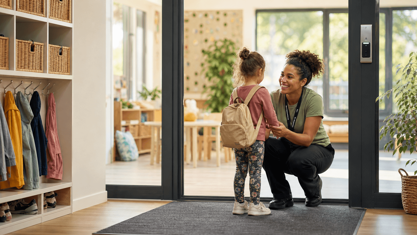 A practitioner welcoming a child into a secure nursery
