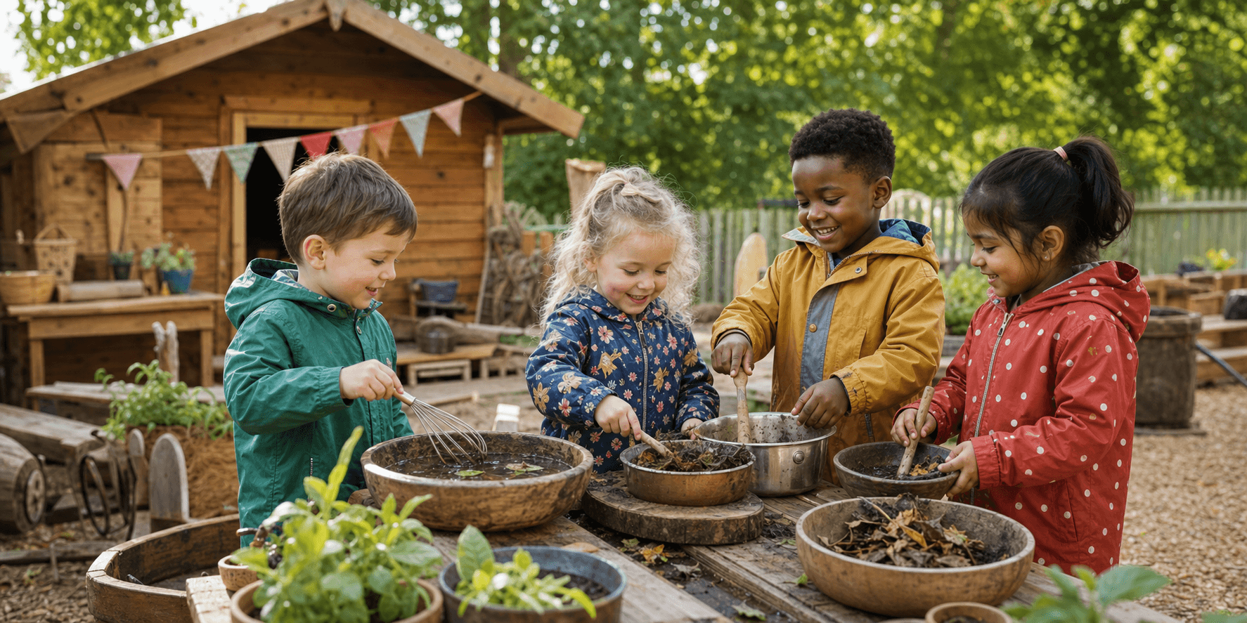 Four children exploring a mud kitchen together in a nursery garden