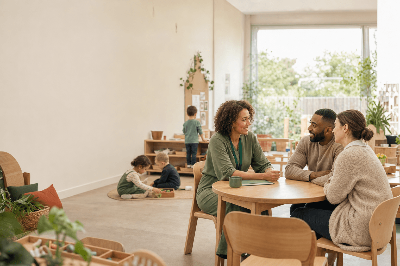 Parents speaking with a nursery manager in a bright nursery room