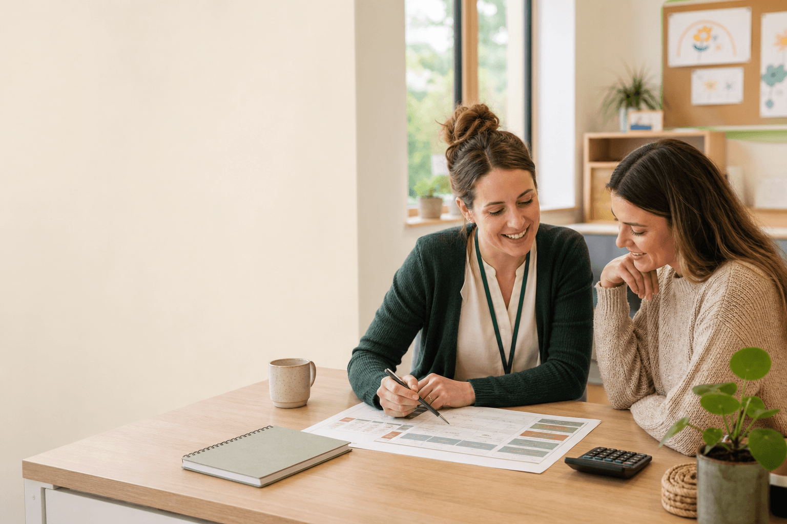 A nursery administrator explaining a schedule and costs to a parent