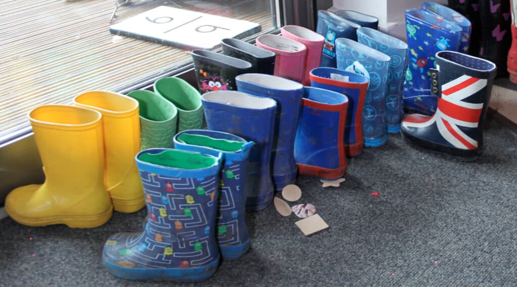 Colourful wellington boots lined up at Squirrels