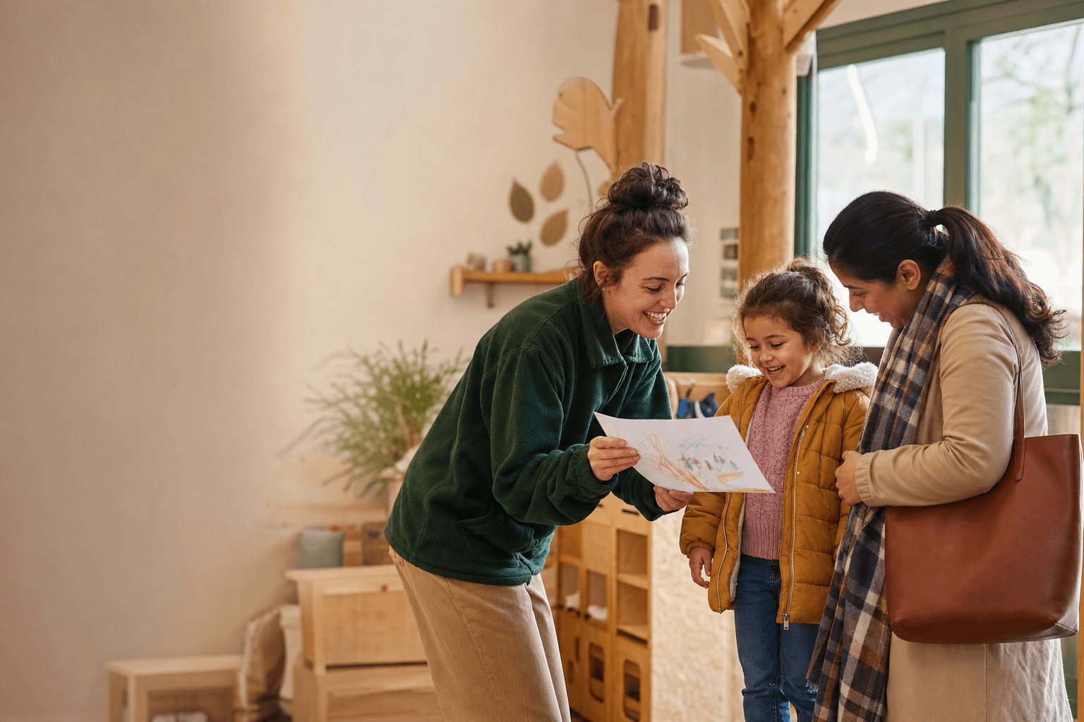 A practitioner sharing a child’s picture with the child and their parent