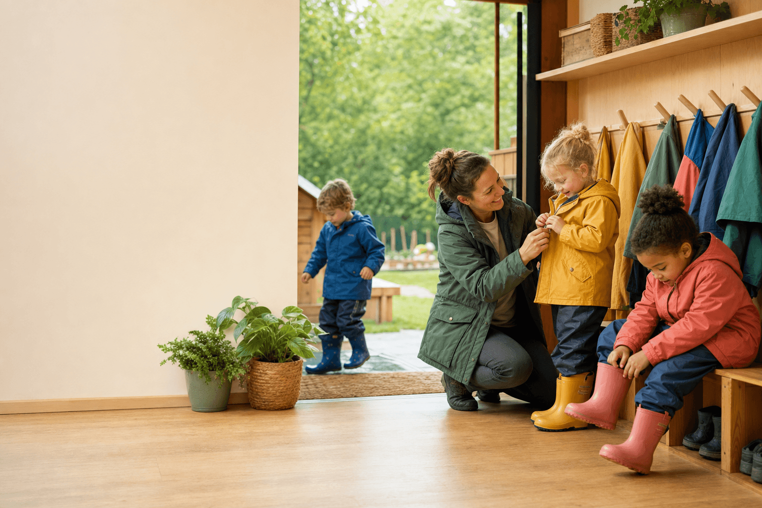 Children putting on waterproof clothing and wellington boots for outdoor play