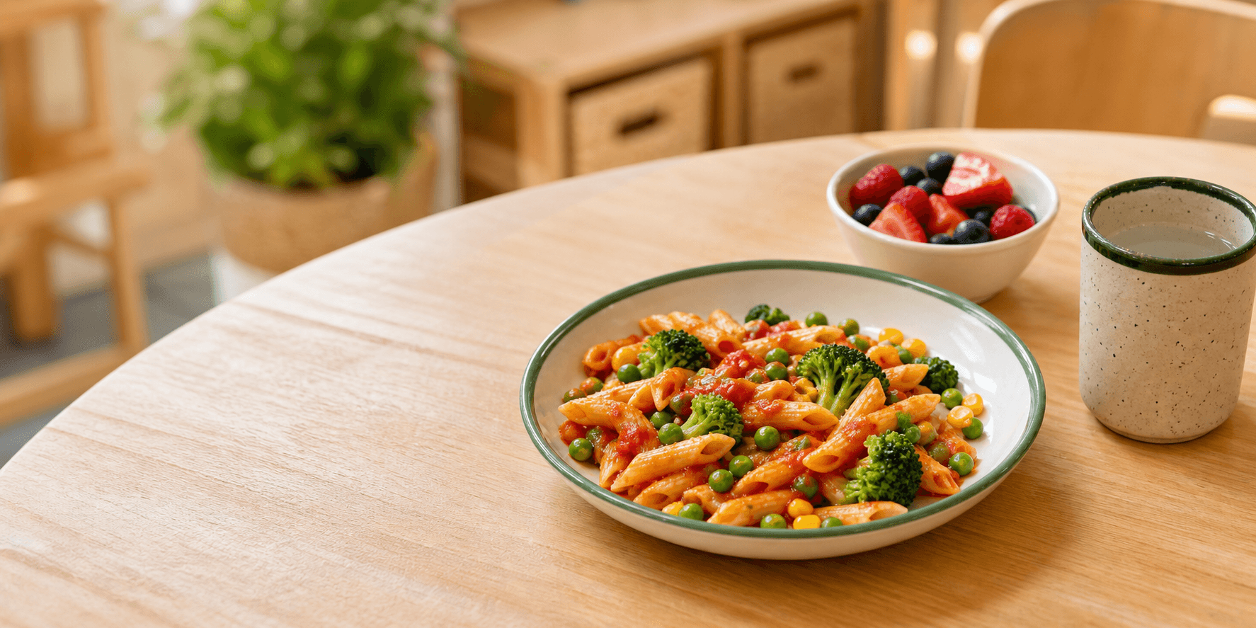 A colourful nursery lunch of vegetable pasta, fruit and water
